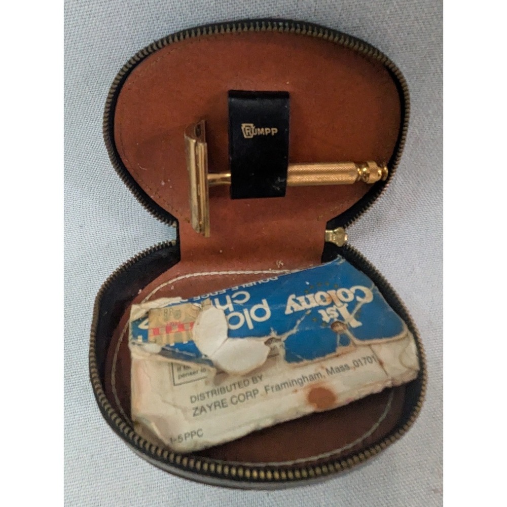 Rumpp Travel Safety Razor Men Gold Tone Black Leather Case Vintage Good Kit